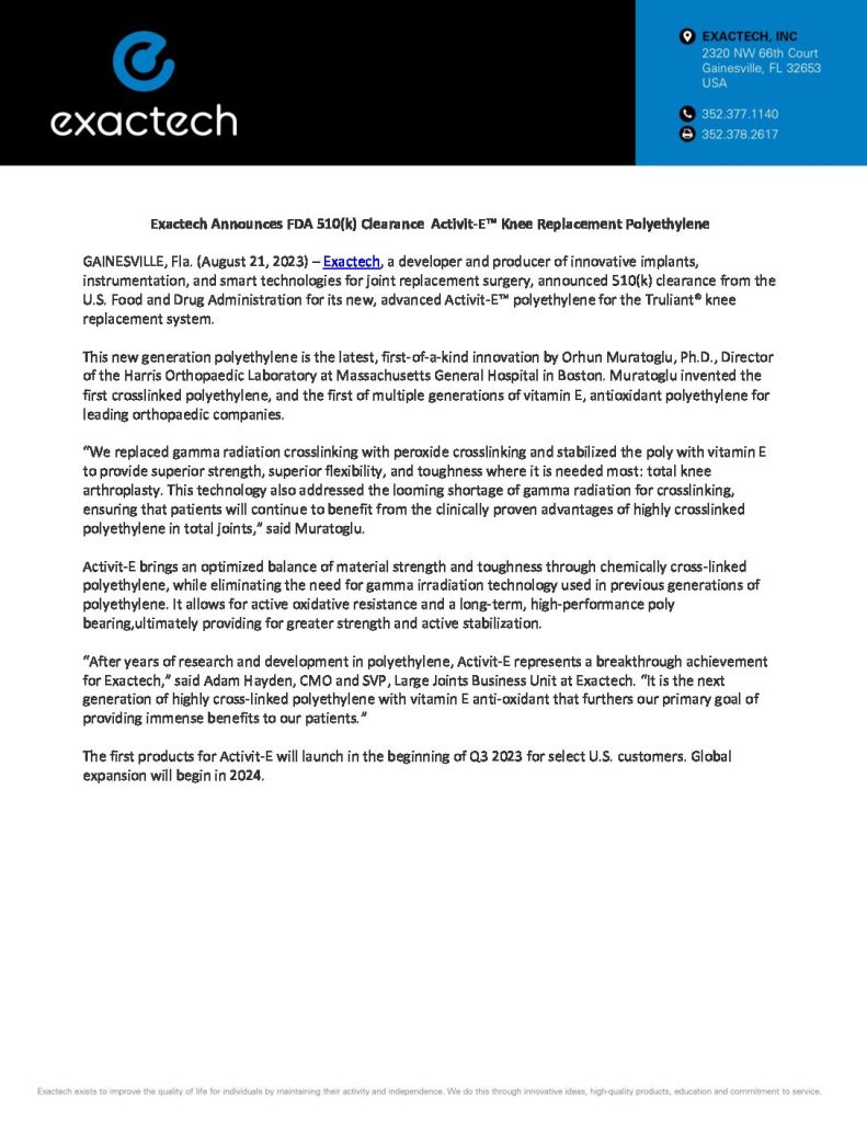 Exactech Announces FDA 510 K Clearance For Advanced Activit E Knee   Exactech Announces FDA 510k Clearance For Advanced Activit E™ Knee Replacement Polyethylene Press Release 1 Pdf 791x1024 